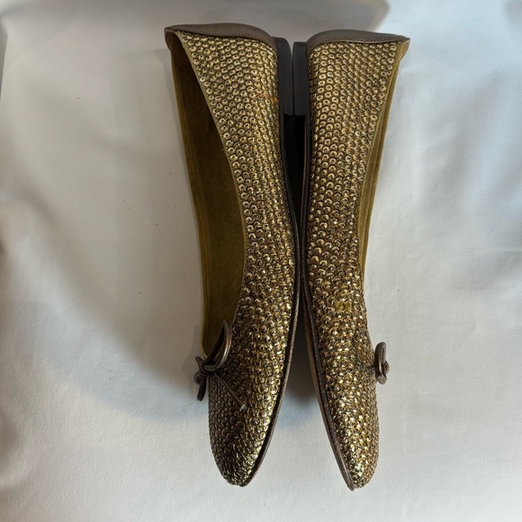 STUART WEITZMAN Sz 9 Textured Gold Toned Ballet Flats Almond Toe Bow Detail - Picture 7 of 10